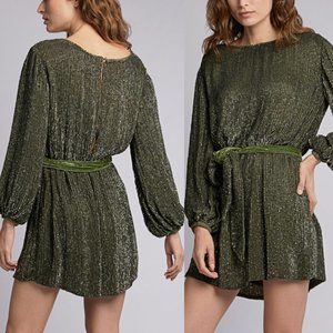 Retrofete Grace Mini Dress Small Army Green Sequins Self-tie Belt Back Keyhole